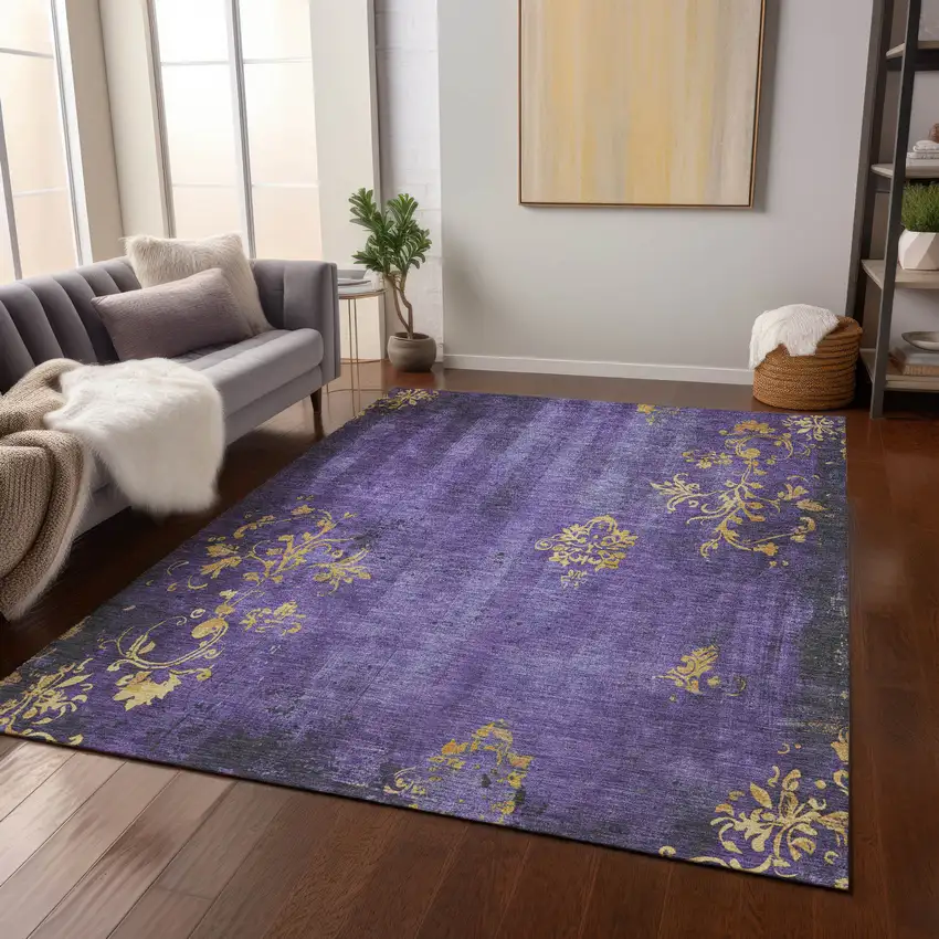 Purple And Gold Floral Washable Indoor Outdoor Area Rug Photo 7