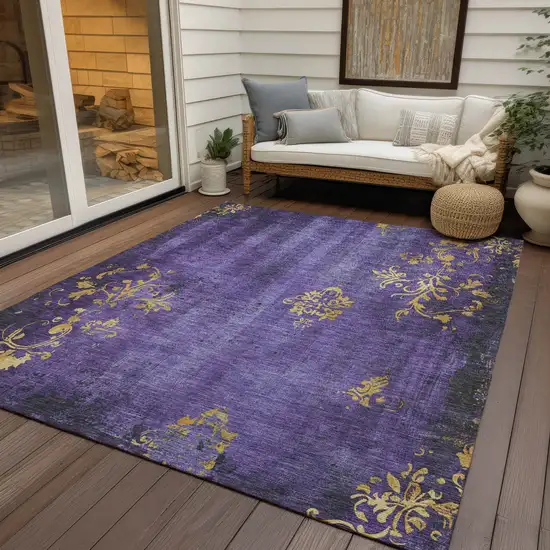 Purple And Gold Floral Washable Indoor Outdoor Area Rug Photo 5