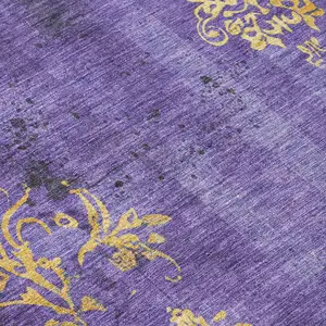Photo of Purple And Gold Floral Washable Indoor Outdoor Area Rug