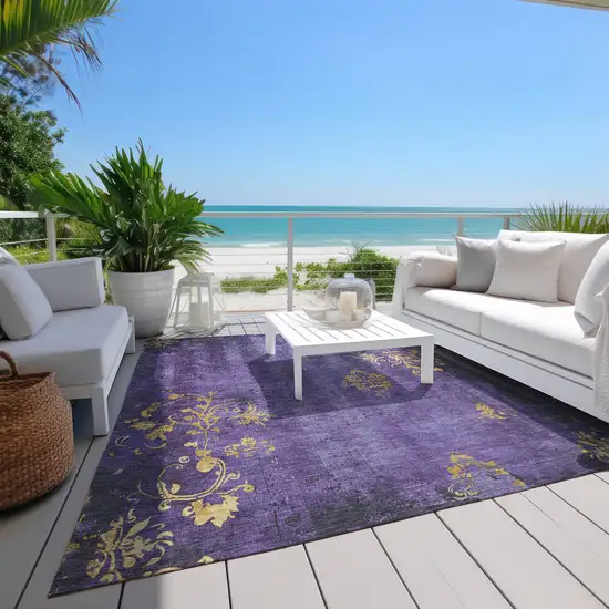 Purple And Gold Floral Washable Indoor Outdoor Area Rug Photo 8