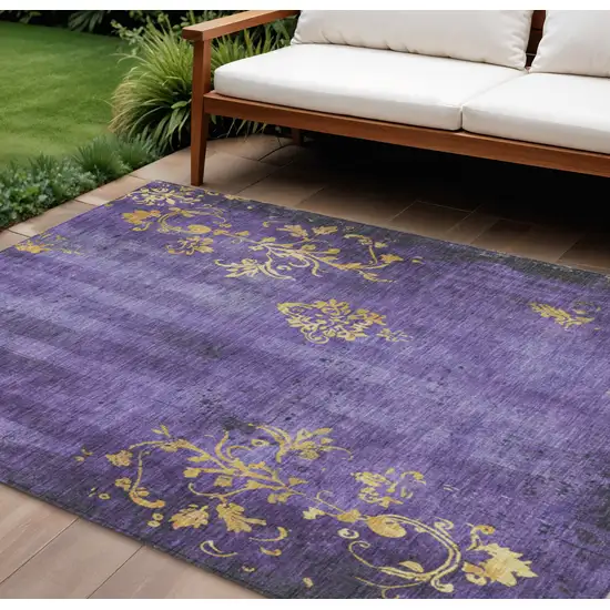 Purple And Gold Floral Washable Indoor Outdoor Area Rug Photo 2