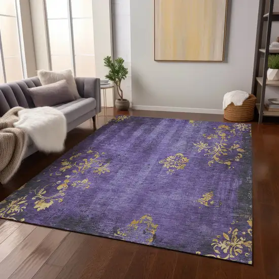 Purple And Gold Floral Washable Indoor Outdoor Area Rug Photo 7