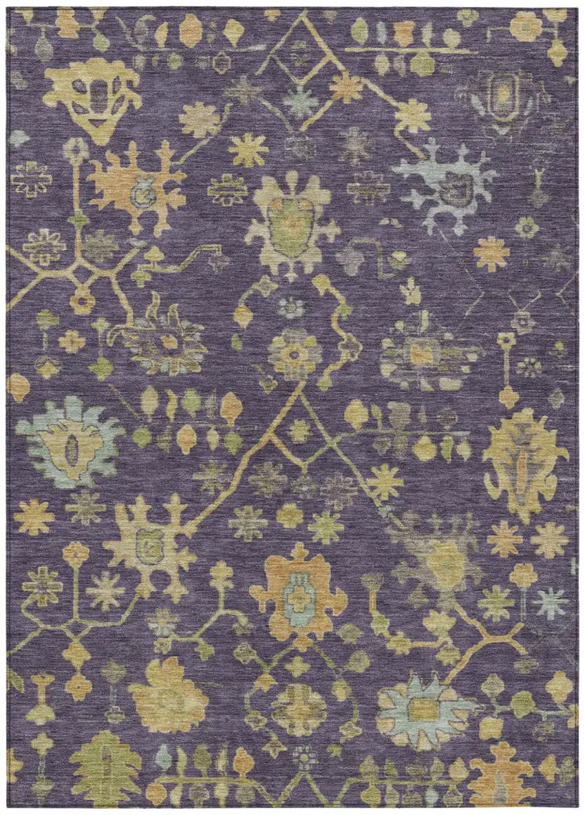 Purple And Gold Floral Washable Indoor Outdoor Area Rug Photo 1