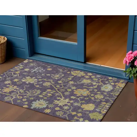 Purple And Gold Floral Washable Indoor Outdoor Area Rug Photo 2