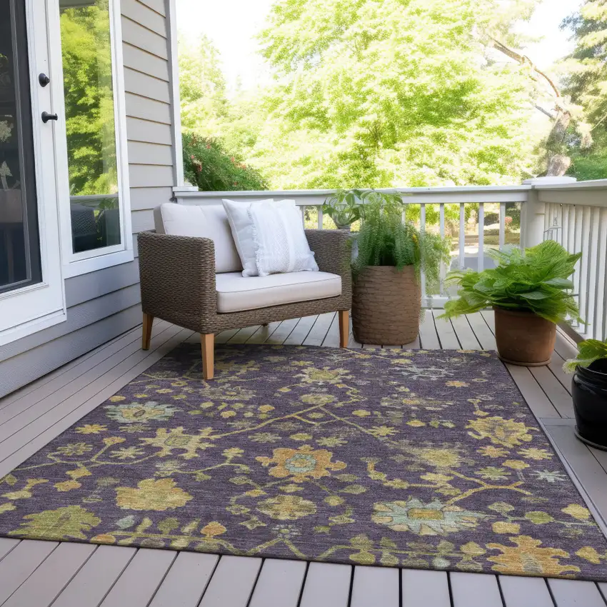 Purple And Gold Floral Washable Indoor Outdoor Area Rug Photo 8