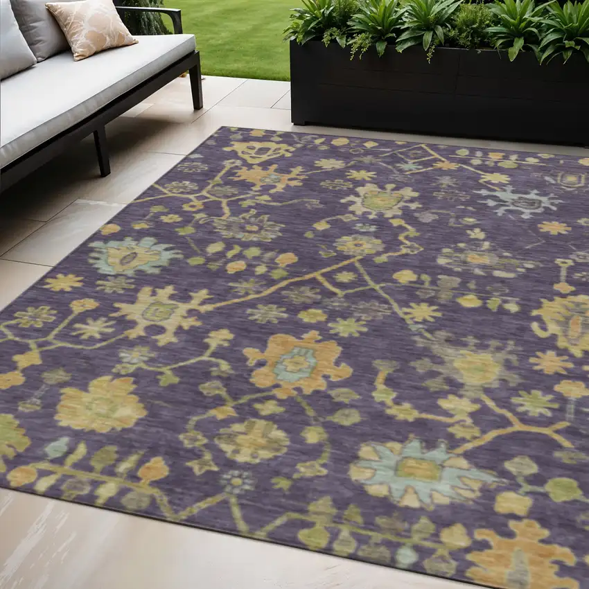 Purple And Gold Floral Washable Indoor Outdoor Area Rug Photo 2