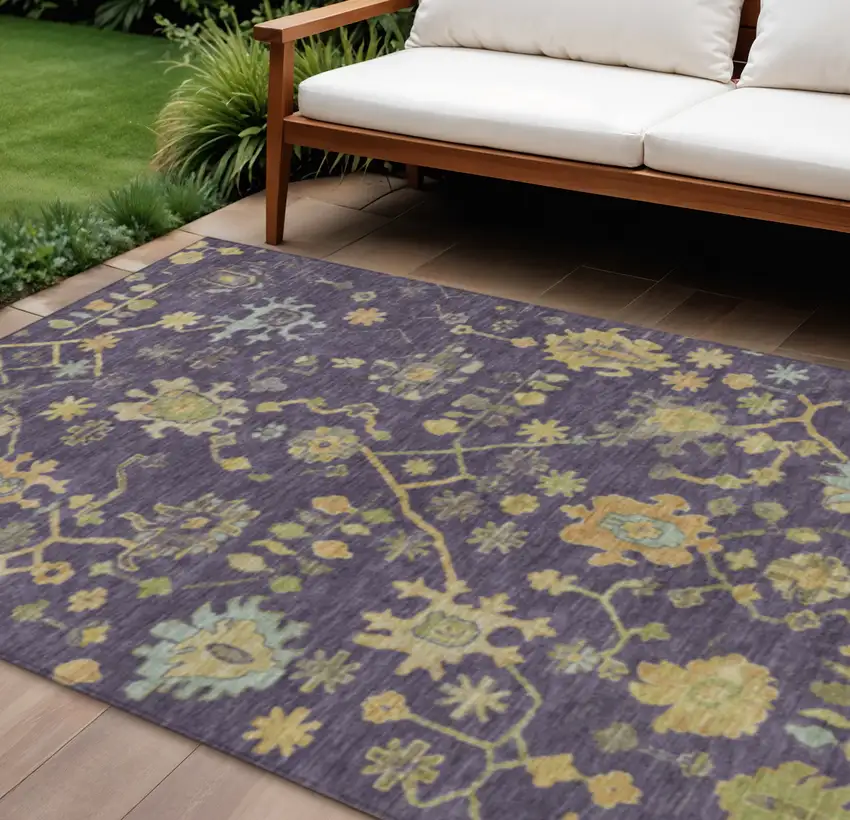 Purple And Gold Floral Washable Indoor Outdoor Area Rug Photo 2