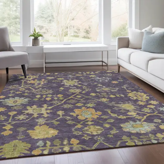 Purple And Gold Floral Washable Indoor Outdoor Area Rug Photo 7