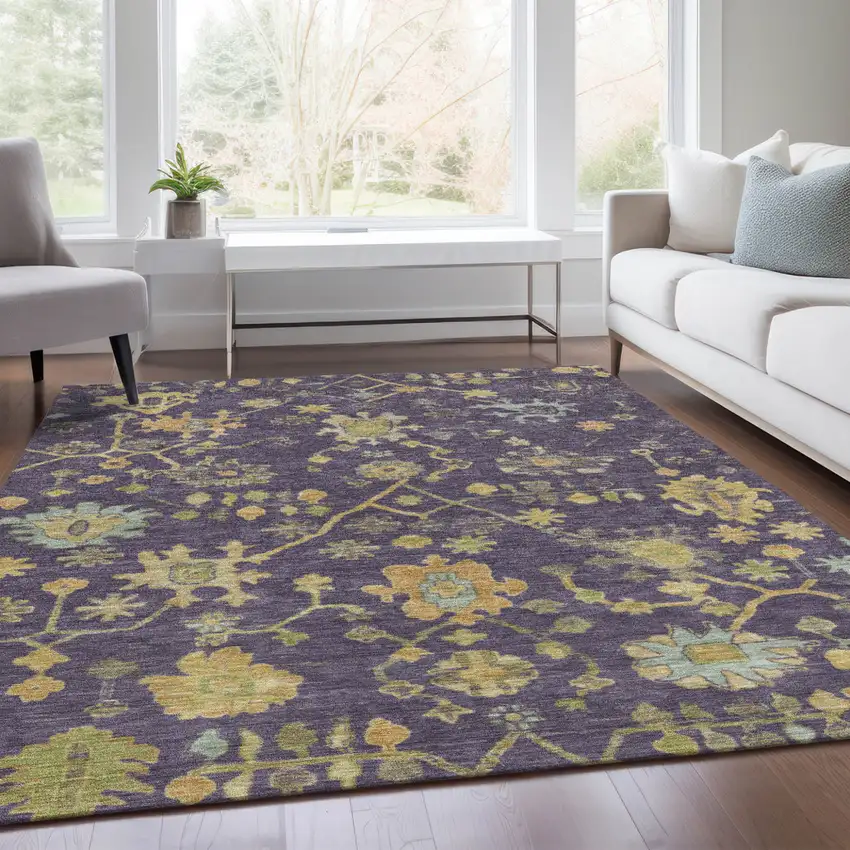 Purple And Gold Floral Washable Indoor Outdoor Area Rug Photo 7