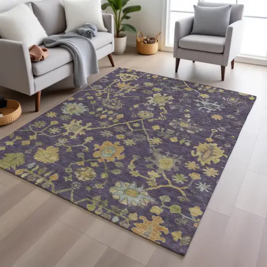 Purple And Gold Floral Washable Indoor Outdoor Area Rug Photo 6