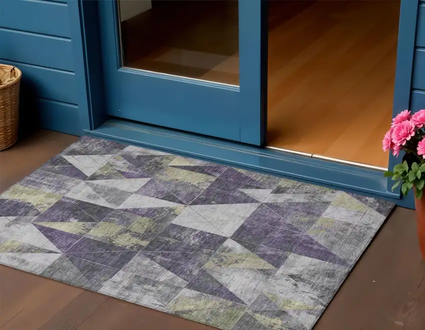 Purple And Gold Geometric Washable Indoor Outdoor Area Rug Photo 2