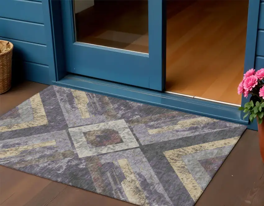 Purple And Gold Geometric Washable Indoor Outdoor Area Rug Photo 2