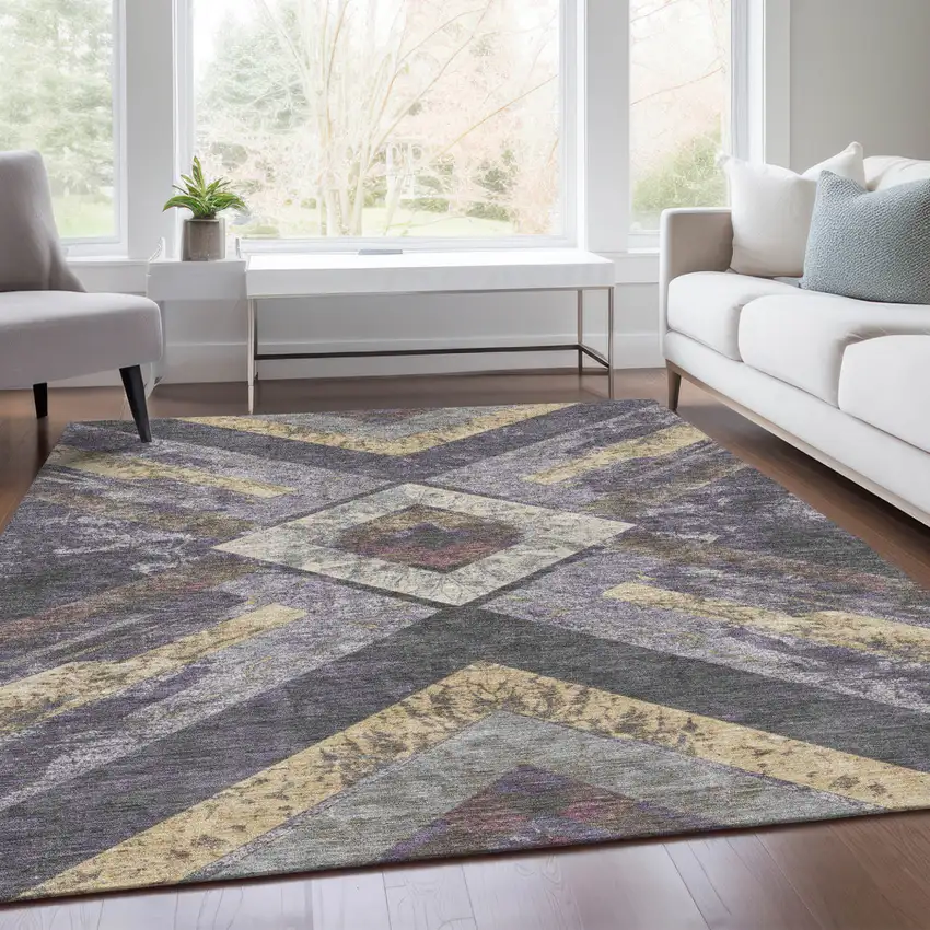 Purple And Gold Geometric Washable Indoor Outdoor Area Rug Photo 6