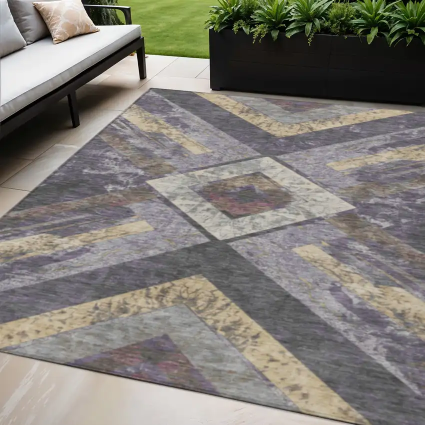 Purple And Gold Geometric Washable Indoor Outdoor Area Rug Photo 2