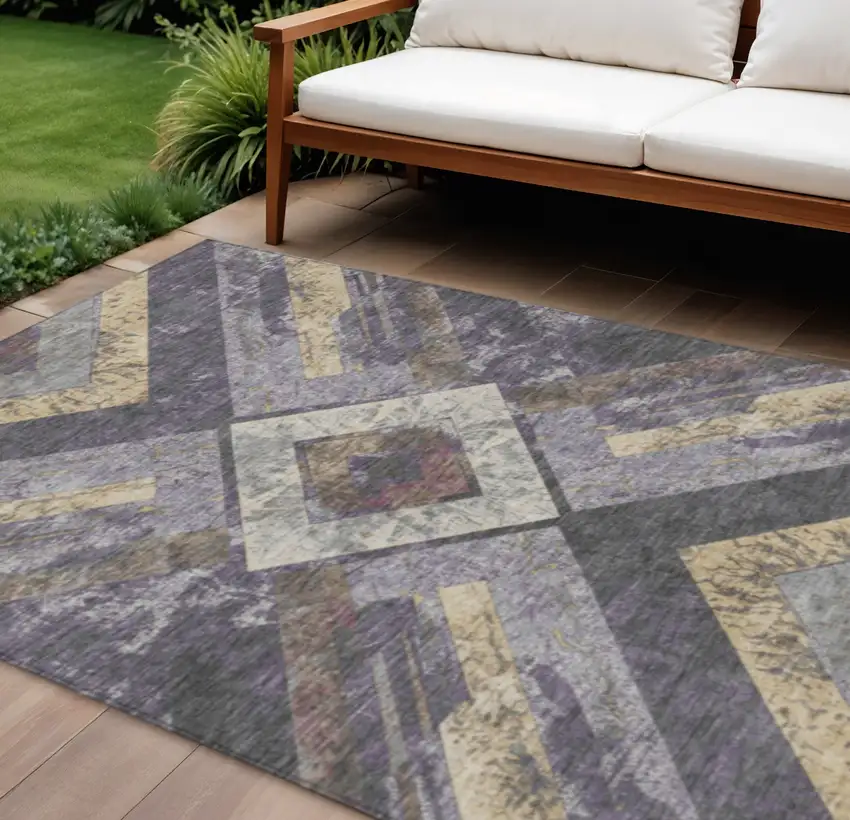 Purple And Gold Geometric Washable Indoor Outdoor Area Rug Photo 2
