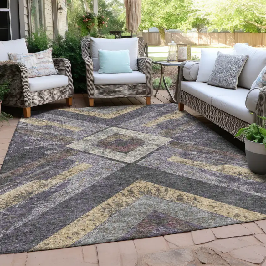 Purple And Gold Geometric Washable Indoor Outdoor Area Rug Photo 4