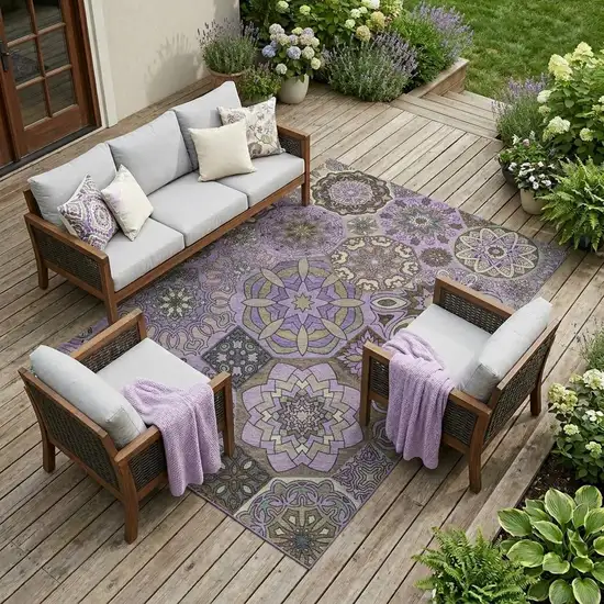 Purple And Graphite Patchwork Washable Indoor Outdoor Area Rug Photo 1