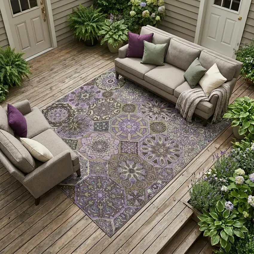 Purple And Graphite Patchwork Washable Indoor Outdoor Area Rug Photo 1
