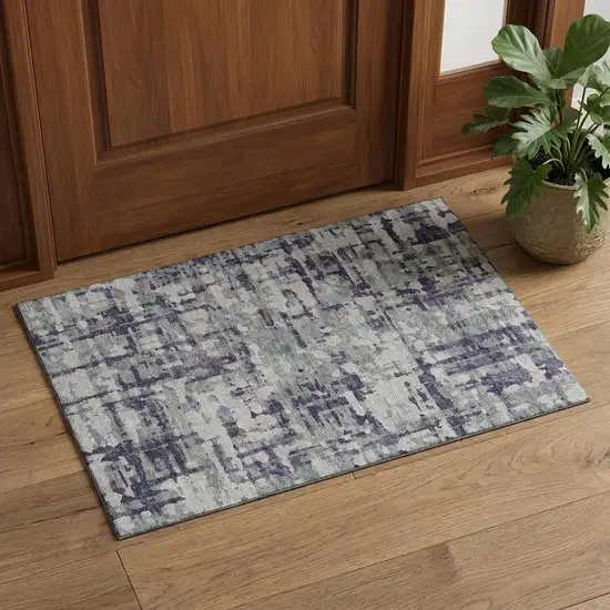Purple And Gray Abstract Distressed Washable Area Rug With UV Protection Photo 1