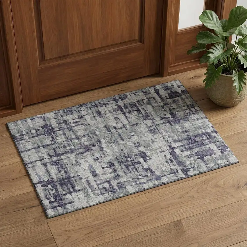 Purple And Gray Abstract Distressed Washable Area Rug With UV Protection Photo 1