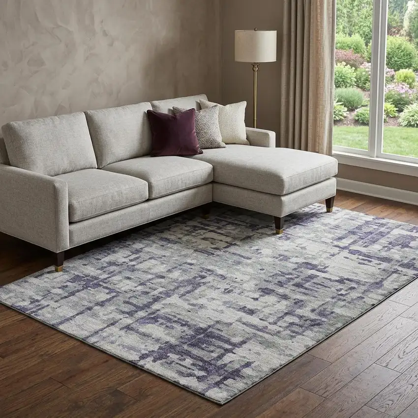Purple And Gray Abstract Distressed Washable Area Rug With UV Protection Photo 1