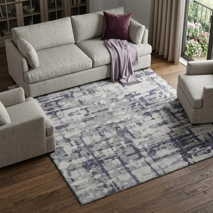 Purple And Gray Abstract Distressed Washable Area Rug With UV Protection Photo 1