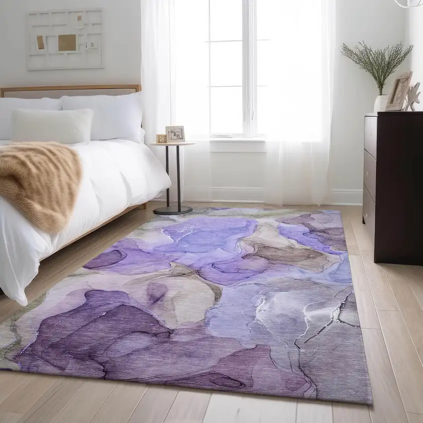 Purple And Gray Abstract Washable Area Rug With UV Protection Photo 5