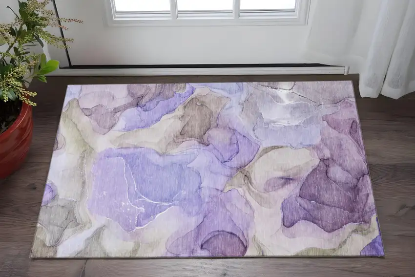 Purple And Gray Abstract Washable Area Rug With UV Protection Photo 2