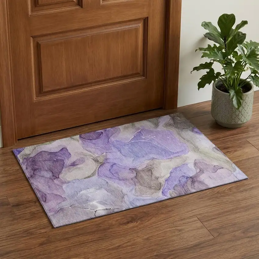 Purple And Gray Abstract Washable Area Rug With UV Protection Photo 1