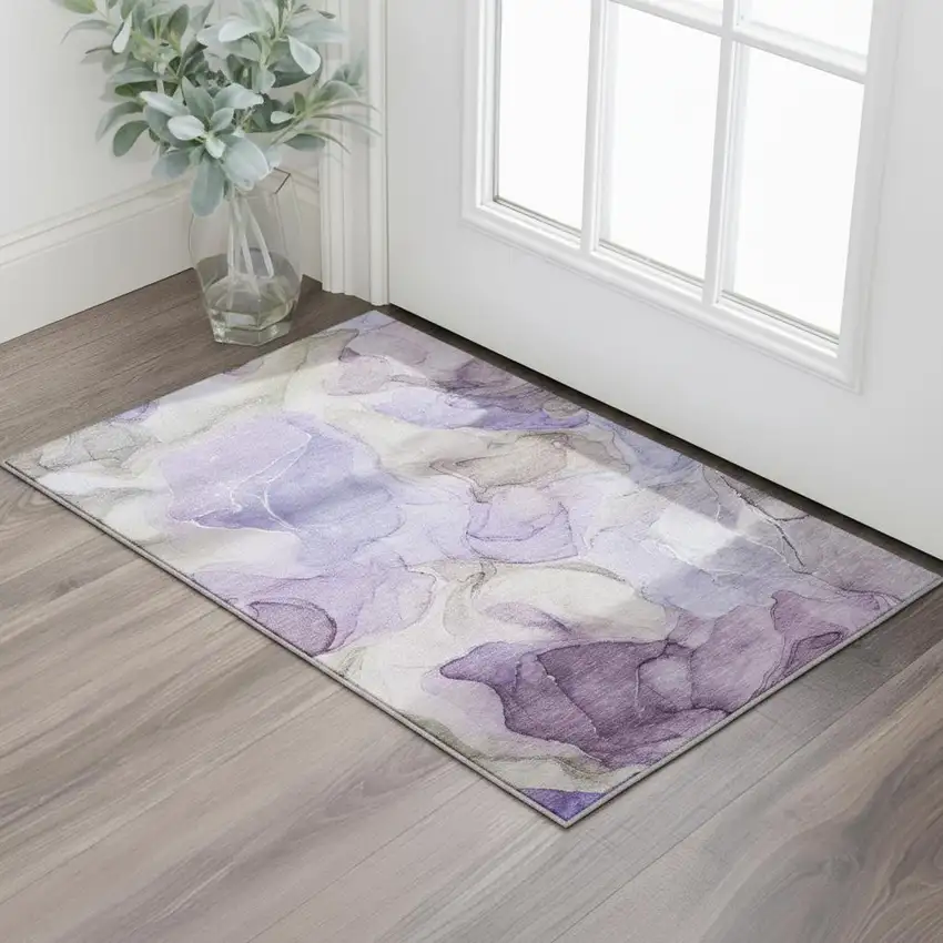 Purple And Gray Abstract Washable Area Rug With UV Protection Photo 1
