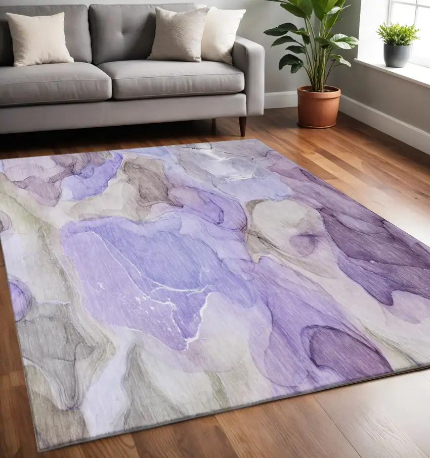 Purple And Gray Abstract Washable Area Rug With UV Protection Photo 2