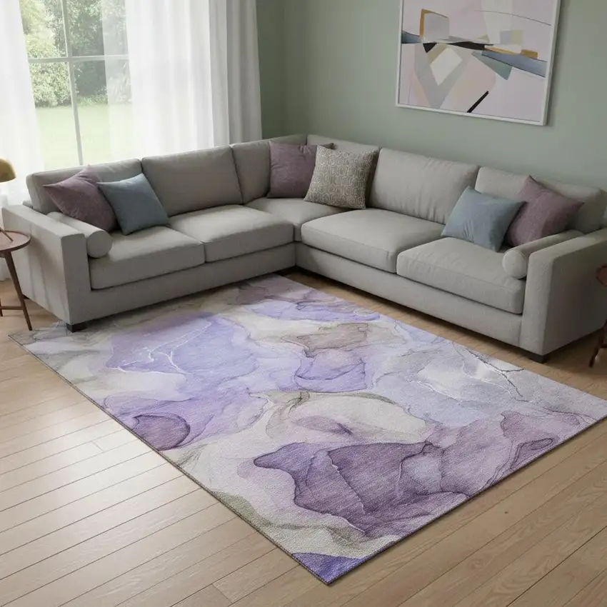 Purple And Gray Abstract Washable Area Rug With UV Protection Photo 1