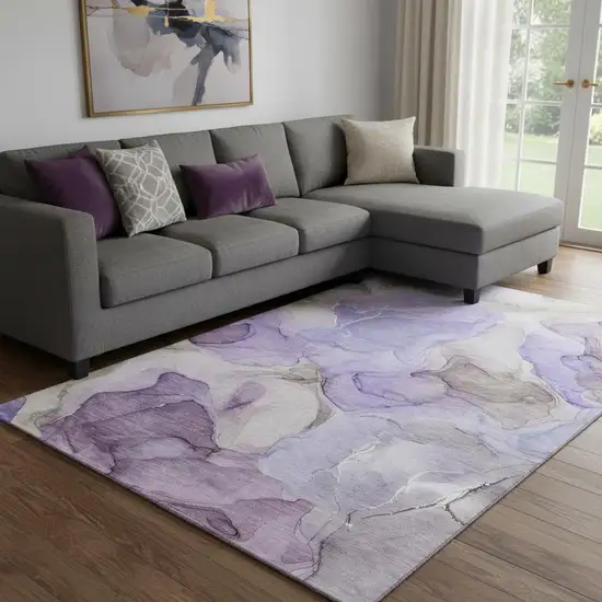 Purple And Gray Abstract Washable Area Rug With UV Protection Photo 1