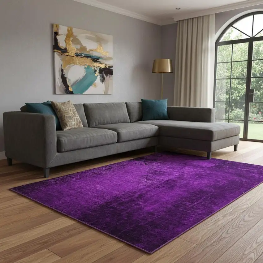 Purple And Gray Abstract Washable Area Rug With UV Protection Photo 1
