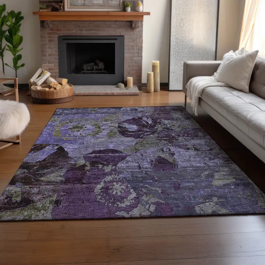 Purple And Gray Abstract Washable Area Rug With UV Protection Photo 4