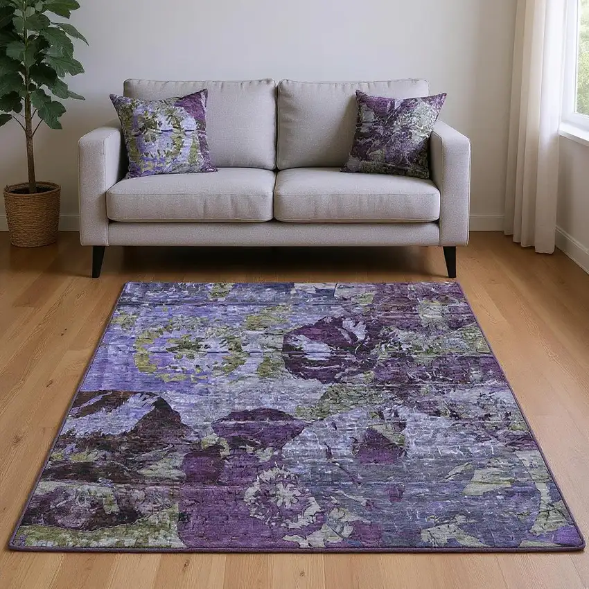 Purple And Gray Abstract Washable Area Rug With UV Protection Photo 2
