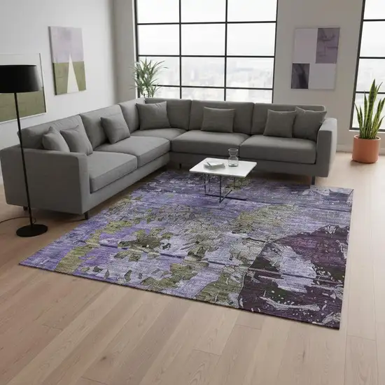 Purple And Gray Abstract Washable Area Rug With UV Protection Photo 2
