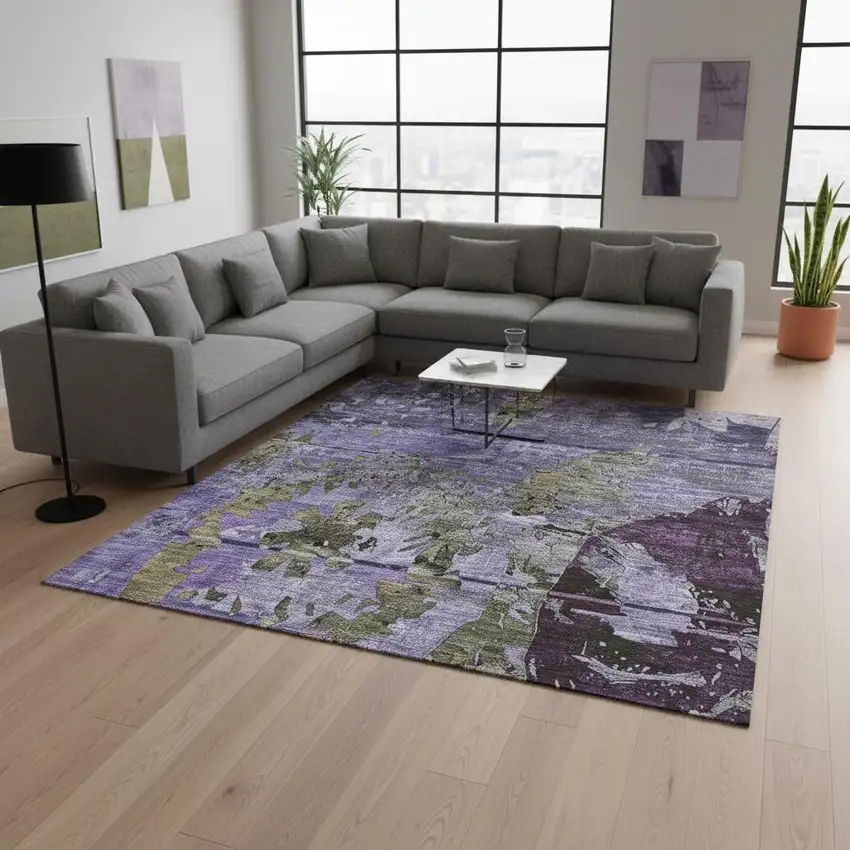 Purple And Gray Abstract Washable Area Rug With UV Protection Photo 2