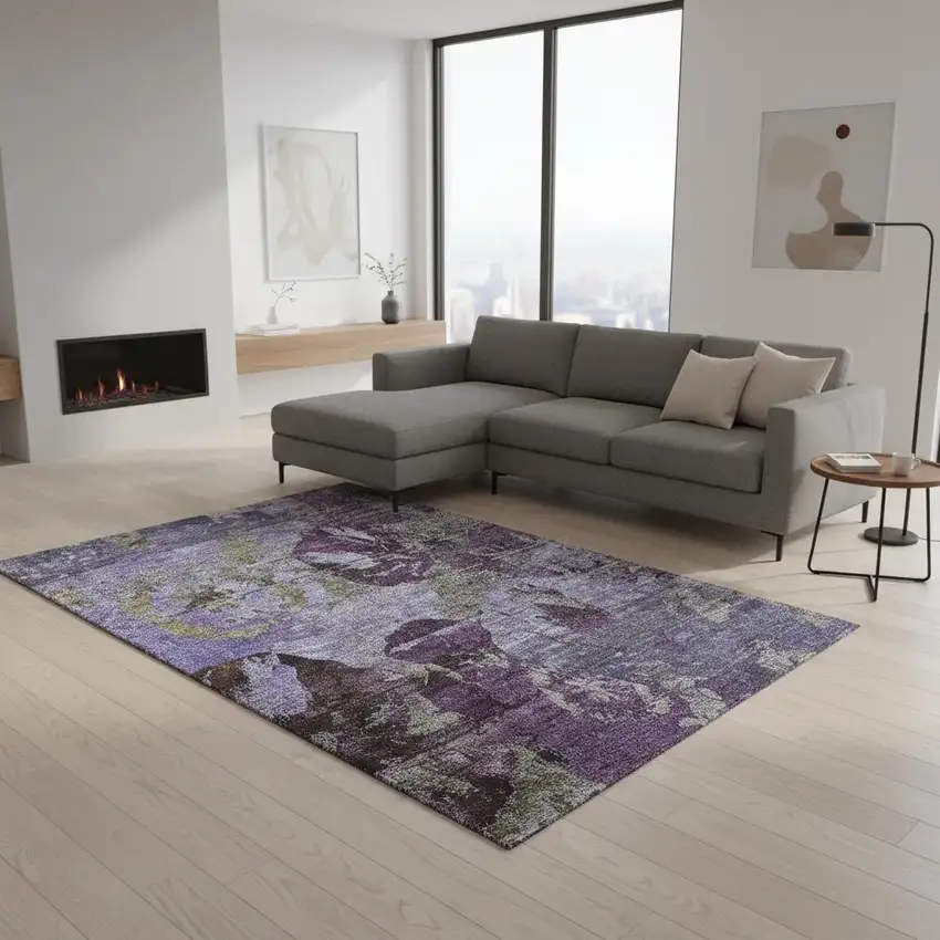 Purple And Gray Abstract Washable Area Rug With UV Protection Photo 2
