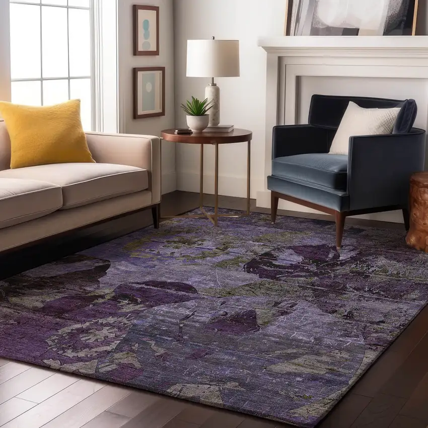 Purple And Gray Abstract Washable Area Rug With UV Protection Photo 5