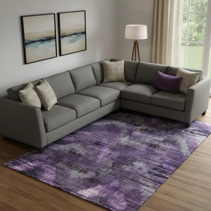 Purple And Gray Abstract Washable Area Rug With UV Protection Photo 1