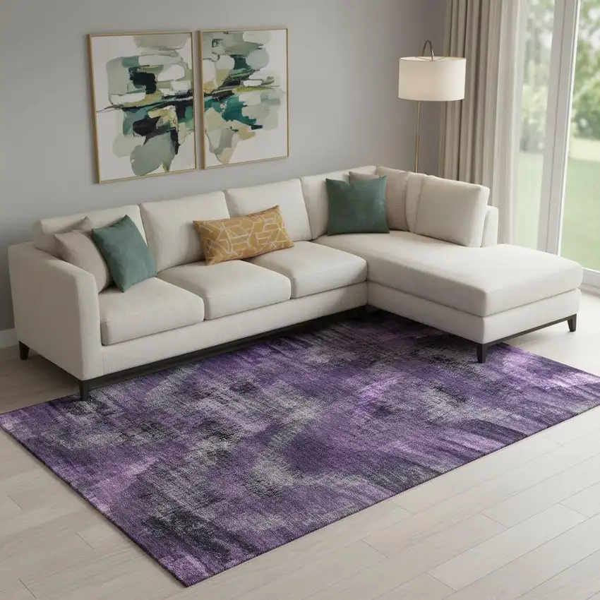 Purple And Gray Abstract Washable Area Rug With UV Protection Photo 1