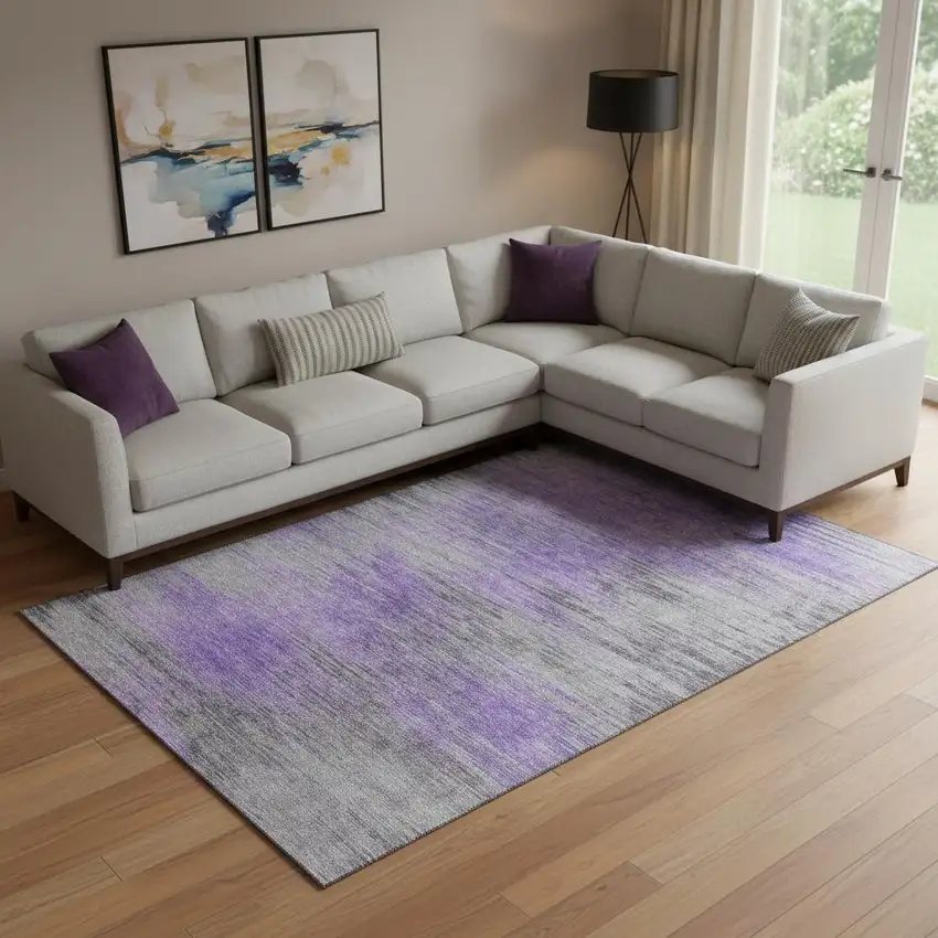 Purple And Gray Abstract Washable Area Rug With UV Protection Photo 1