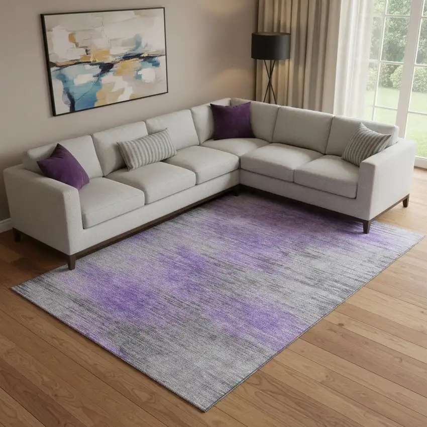 Purple And Gray Abstract Washable Area Rug With UV Protection Photo 1