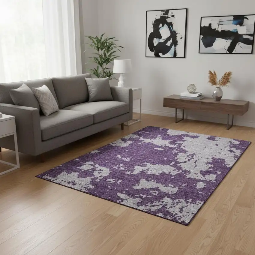 Purple And Gray Abstract Washable Area Rug With UV Protection Photo 2