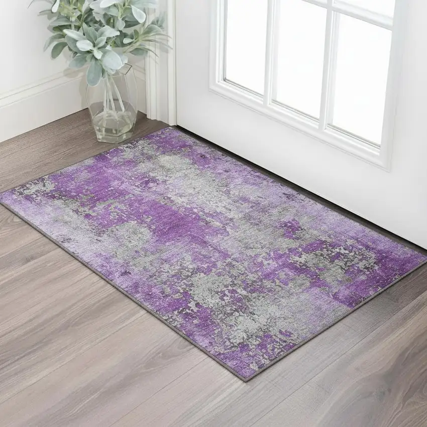 Purple And Gray Abstract Washable Area Rug With UV Protection Photo 2