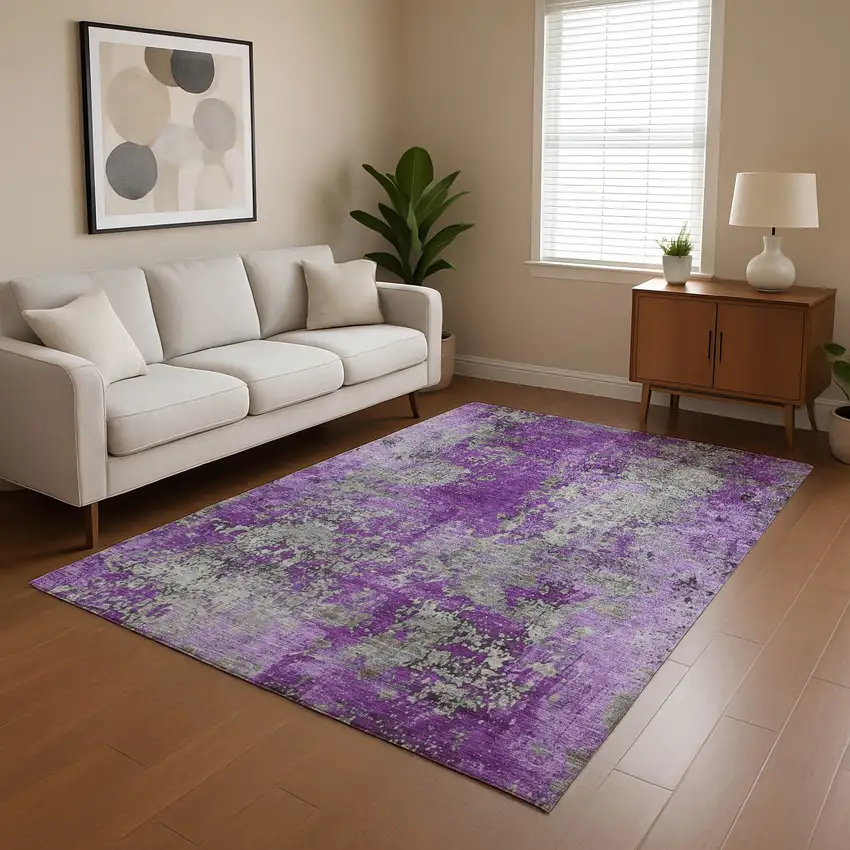Purple And Gray Abstract Washable Area Rug With UV Protection Photo 4