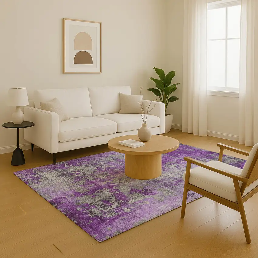 Purple And Gray Abstract Washable Area Rug With UV Protection Photo 6