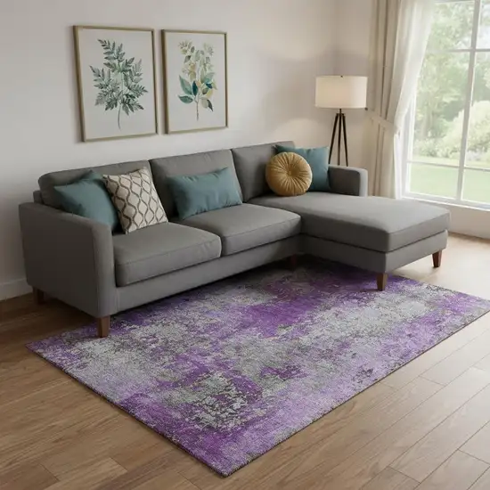 Purple And Gray Abstract Washable Area Rug With UV Protection Photo 2