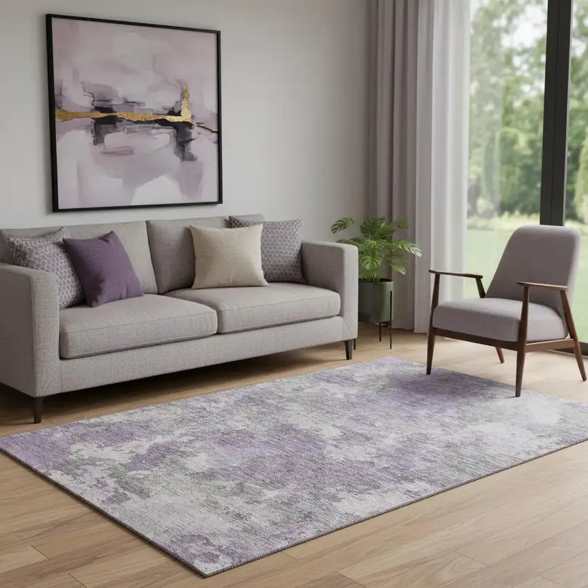 Purple And Gray Abstract Washable Area Rug With UV Protection Photo 2